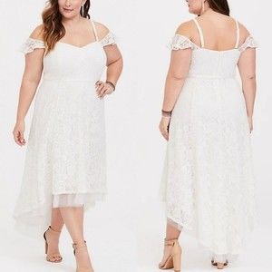 NWT Torrid Ivory Lace Hi-Low Maxi Dress Elegant Flowy Cold Shoulder US 10 M/L
